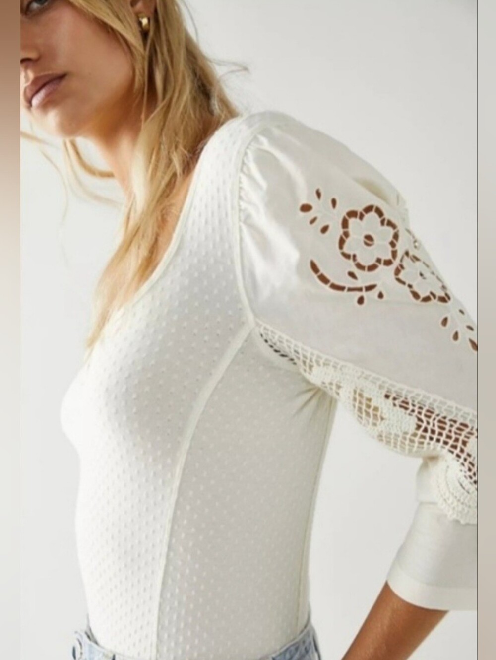 Free People Brunch Date Off-White Top Ith Ivory Eyelet Sleeves - Picture 2 of 8